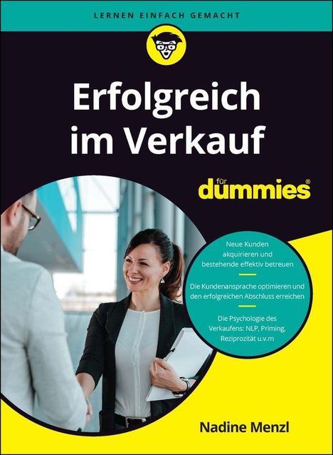 "Erfolgreich im Verkauf für Dummies", Tipps: Kundenakquise, Gesprächsoptimierung, Verkaufspsychologie. Frau im Anzug reicht Hand.
