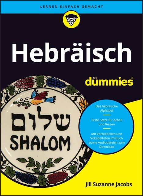 „HEBRÄISCH für dummies“. Vogel mit Zweig auf dekorativem Teller, hebräisches „SHALOM“ und farbige Blumenranken.