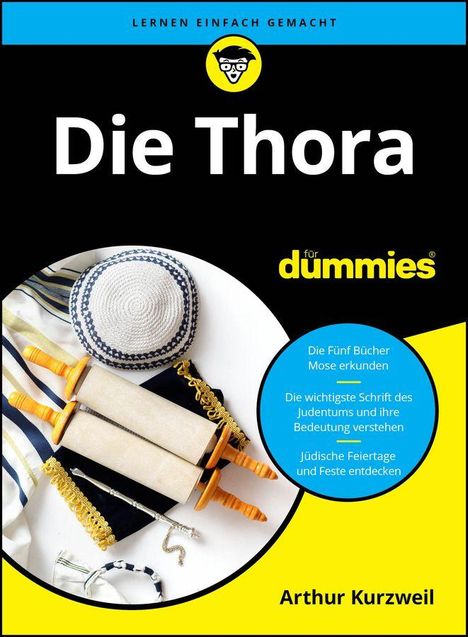 "Die Thora für Dummies," "Arthur Kurzweil"; Thorarolle, Kippa, Schofar, weiße Grundfläche, schwarzer und blauer Textbereich.