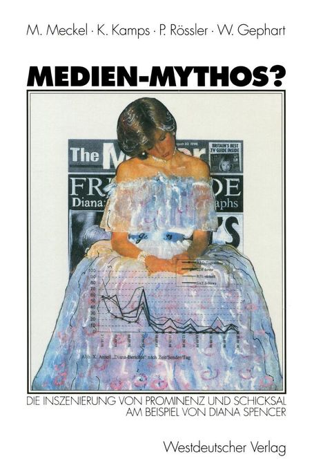 "MEDIEN-MYTHOS?", Illustration einer Frau in Kleid, vor Zeitschrift. Text über Prominenz und Schicksal, Westdeutscher Verlag.