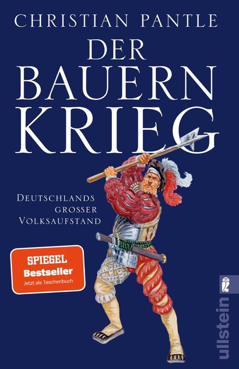 Titel: DER BAUERNKRIEG; Text: Deutschlands großer Volksaufstand; Illustration: Mann mit Hellebarde in bunter Kleidung.
