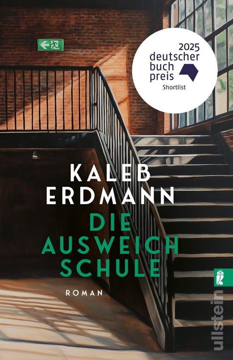 „KALEB ERDMANN DIE AUSWEICH SCHULE ROMAN“ ist auf einer Treppe in einem sonnendurchfluteten Raum zu lesen.