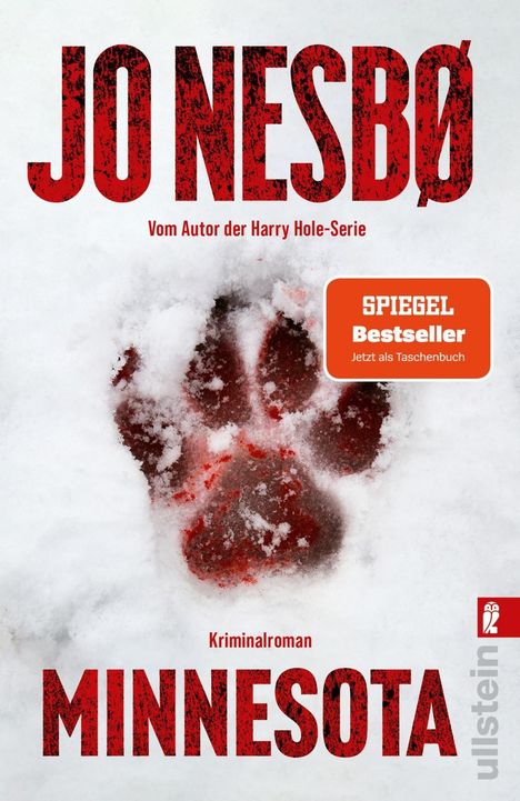 „JO NESBØ“ in großen, roten Buchstaben. Eine blutige Tatze im Schnee. „Kriminalroman MINNESOTA“ unten.