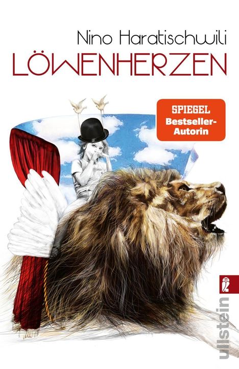 Titel: "Löwenherzen" von Nino Haratischwili. Illustration: Ein Kind auf einem Löwen mit Flügeln, im Hintergrund blauer Himmel.