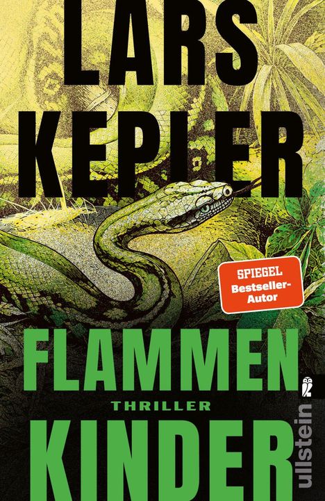 Texte: "Lars Kepler", "Flammenkinder", "Thriller", "Spiegel Bestseller-Autor". Illustration einer grünen Schlange im Dschungel.