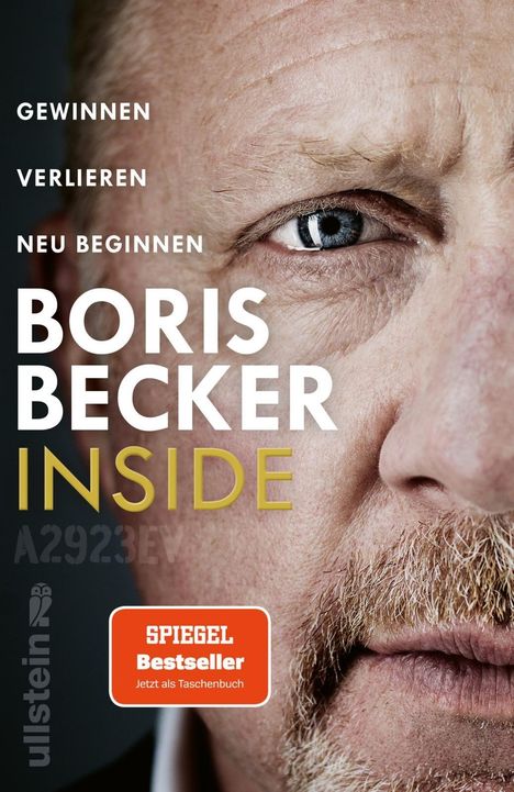 Texte: Gewinnen, Verlieren, Neu Beginnen, Boris Becker Inside, SPIEGEL Bestseller. Nahaufnahme eines Gesichts.