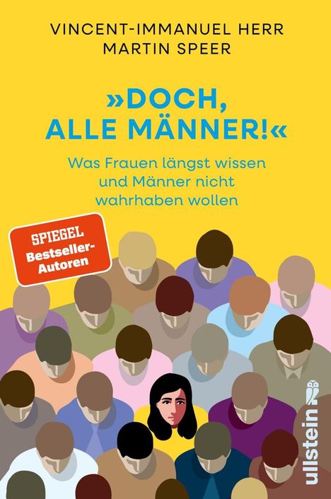 Text: "Vincent-Immanuel Herr, Martin Speer, »DOCH, ALLE MÄNNER!«, Was Frauen längst wissen und Männer nicht wahrhaben wollen." Darunter viele bunte Figuren, eine davon mit weiblichem Gesicht.