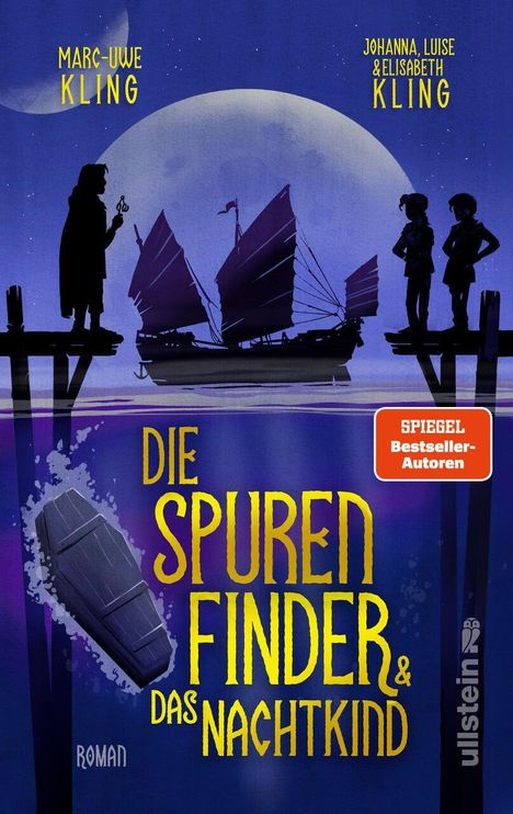 "Die Spurenfinder & Das Nachtkind". Silhouetten von Personen und einem Segelschiff vor einem großen Mond.