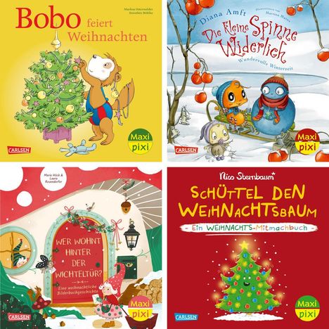 Vier Buchcover, alle mit weihnachtlichen Illustrationen und dem „Maxi Pixi“ Logo.