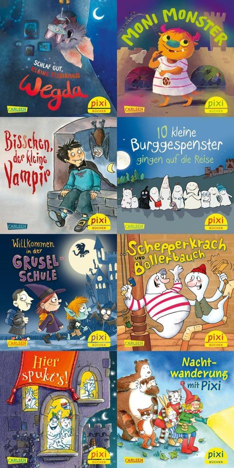 "Schlaf gut, kleine Fledermaus Wegda"; "Moni Monster"; "Bisschen, der kleine Vampir"; "10 kleine Burggespenster gingen auf die Reise".