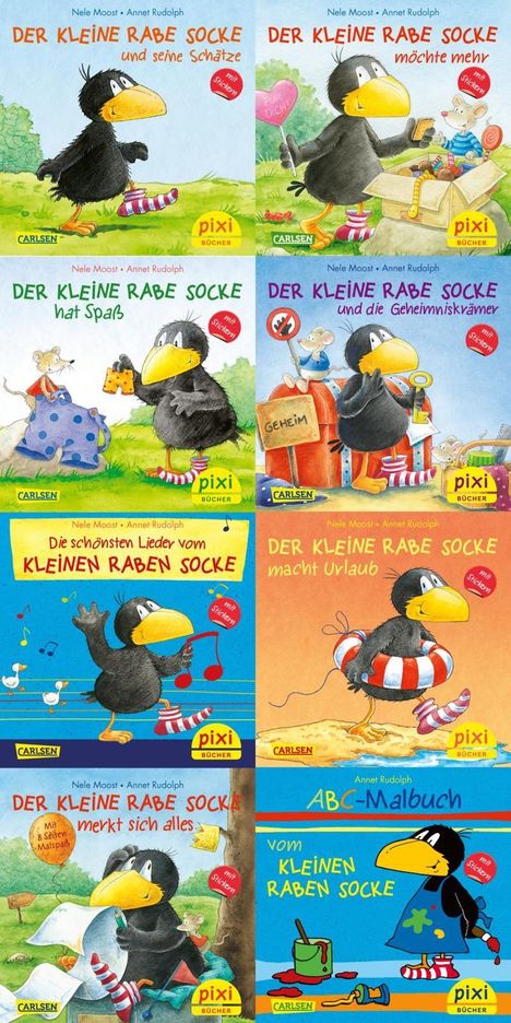 Verschiedene Cover der "Kleinen Rabe Socke" Bücheranzeige, jedes mit bunten Illustrationen des Raben in diversen Szenen.