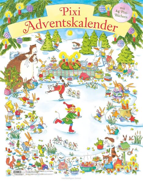 "Pixi Adventskalender" oben, "mit 24 Pixi-Büchern" rechts. Illustration mit Tieren, Winterlandschaft, Adventskranz.