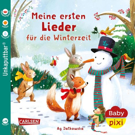 "Meine ersten Lieder für die Winterzeit." Illustration: Tiere schmücken fröhlich einen Schneemann mit Schal und Mütze.