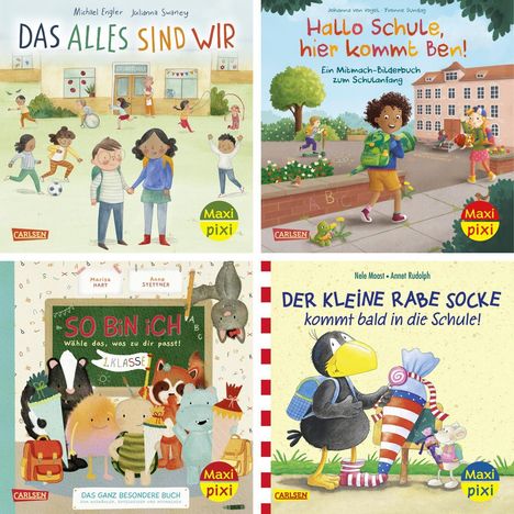 "Das alles sind wir", "Hallo Schule, hier kommt Ben!", "So bin ich", "Der kleine Rabe Socke kommt bald in die Schule!" auf bunten Covern.