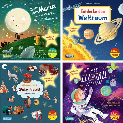 „Leuchtet im Dunkeln“ auf Sternform, Buchtitel „Wenn der Mond in der Nacht über alle Tiere wacht“ mit fröhlichem Mond.