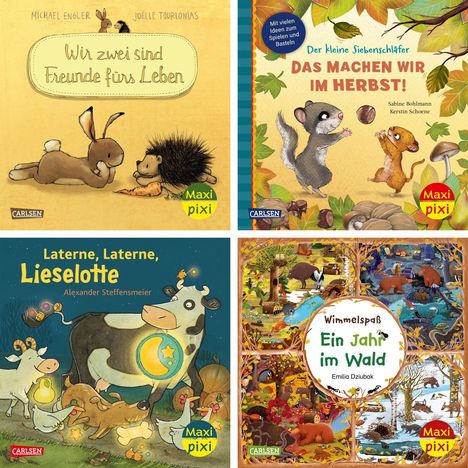 "Wir zwei sind Freunde fürs Leben", Illustration: Hase und Igel.  
"Laterne, Latern...", Illustration: Kühe mit Laternen.  
"Wimmelspaß...", Illustration: Jahreszeiten im Wald.  
"Der kleine Siebenschläfer...", Illustration: Tiere im Herbst.