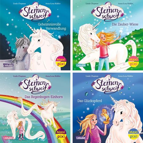 Vier Cover von "Sternenschweif" Büchern. Titel: "Geheimnisvolle Verwandlung", "Die Zauber-Wiese", "Das Regenbogen-Einhorn", "Das Glückspferd".