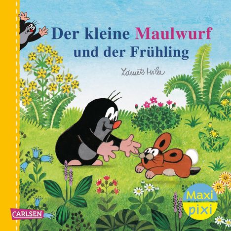 Text: "Der kleine Maulwurf und der Frühling". Illustration: Ein fröhlicher Maulwurf begrüßt einen Hasen in einer blühenden Wiese.