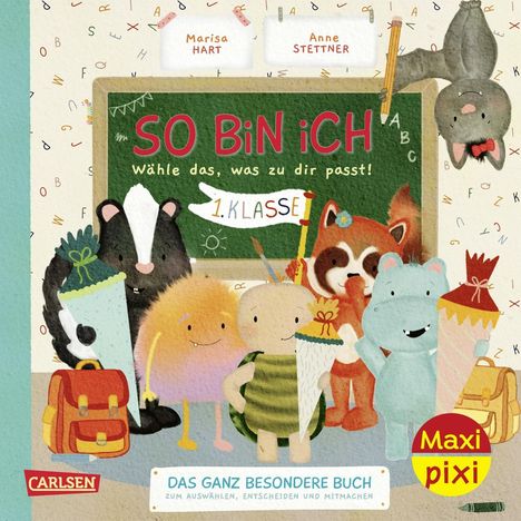 „SO BiN iCH“, „Wähle das, was zu dir passt!“, „1. Klasse“. Bunte Illustrationen von Tieren mit Schultüten und Rucksäcken.