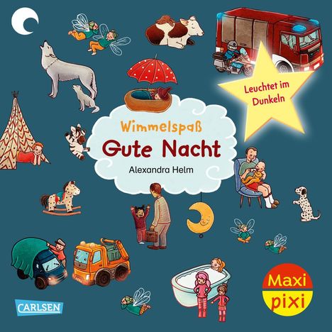 „Wimmelspaß Gute Nacht“ von Alexandra Helm. Illustrationen mit Tieren, Kindern, einem Zelt, Fahrzeugen und einem leuchtenden Stern.