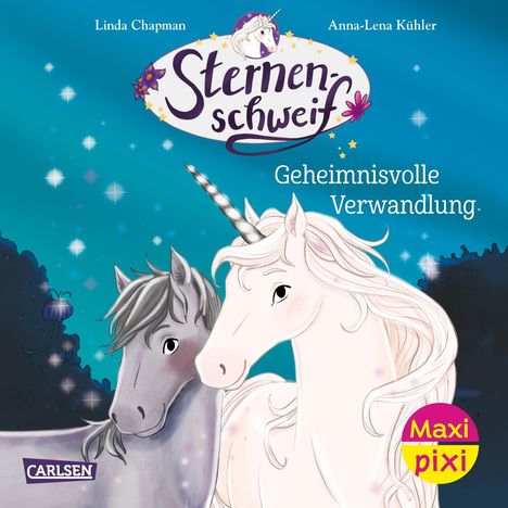 Oben steht "Sternenschweif" mit einem Einhorn-Logo, darunter "Geheimnisvolle Verwandlung." Zwei Einhörner sind abgebildet.
