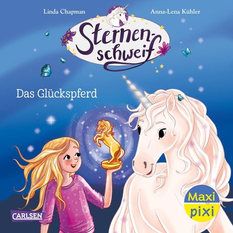 "Sternenschweif: Das Glückspferd". Mädchen hält eine goldene Pferdestatue, daneben ein Einhorn, blauer Hintergrund.
