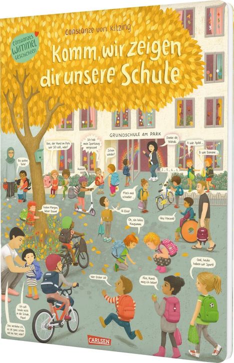Titel: "Komm, wir zeigen dir unsere Schule". "Grundschule am Park". Kinder spielen und plaudern lebhaft auf einem Schulhof.