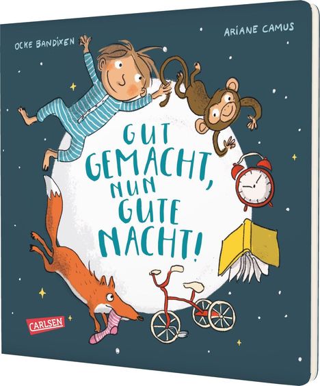 Ein Junge, ein Affe, ein Fuchs, ein Wecker, und ein Buch umringen den Text "Gut gemacht, nun gute Nacht!"