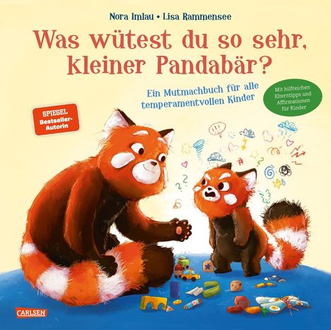 "Was wütest du so sehr, kleiner Pandabär?" Ein Mutmachbuch für temperamentvolle Kinder. Bunte Pandas mit Spielzeug.