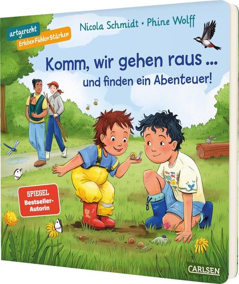 Text: "Komm, wir gehen raus ... und finden ein Abenteuer!" Zwei Kinder erkunden neugierig die Naturwiese.