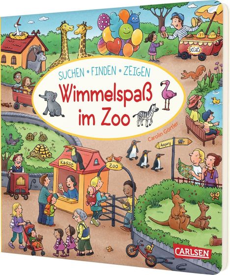 „Suchen • Finden • Zeigen. Wimmelspaß im Zoo“. Eine Zooszene mit Besuchern, Tieren und einem Eiswagen.