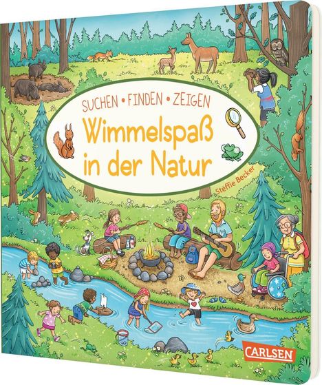 Titel: "Wimmelspaß in der Natur". Menschen spielen und entspannen im Wald, nahe eines Baches mit Tieren.