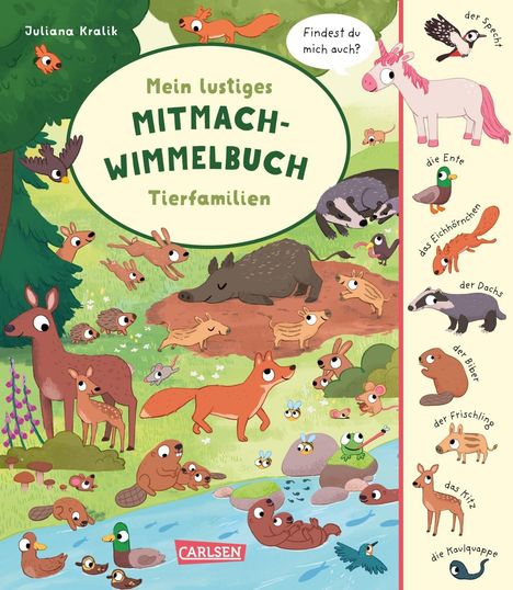 „Mein lustiges Mitmach-Wimmelbuch: Tierfamilien“. Verschiedene Tierfamilien in einer bunten Waldlandschaft.