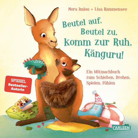 Titel: "Beutel auf, Beutel zu, komm zur Ruh, Känguru!" Zwei Kängurus, eins hält ein Stofftier. Bunte Decke und Buch.