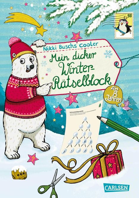 "Nikki Buschs Cooler Mein dicker Winter-Rätselblock Ab 8 Jahren". Illustration eines Eisbären mit Mütze im Schnee.