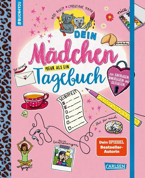 "Buch: 'Dein Mädchen mehr als ein Tagebuch', Illustrationen mit Katzen, Briefumschlag, Tee, Selbsttest-Liste, Yoga."