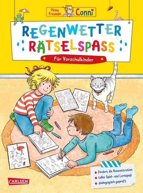 "REGENWETTER RÄTSELSPASS Für Vorschulkinder" steht über zwei Kindern, die malen. Ein Frosch mit Regenschirm und Katze sind dabei.