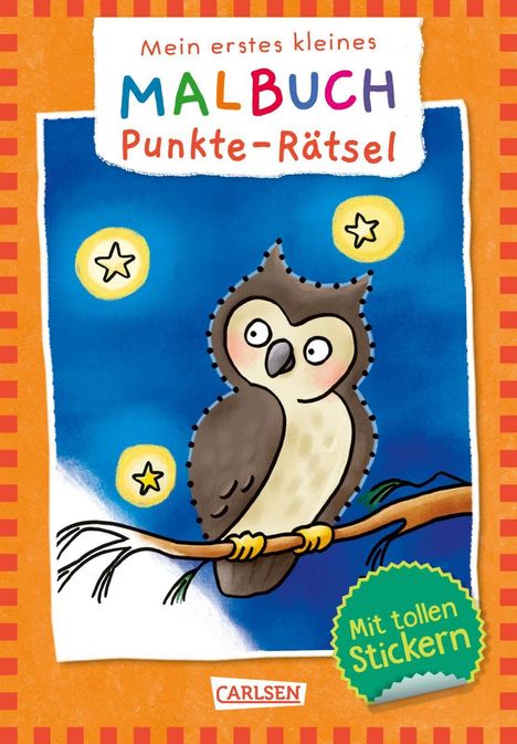 "Mein erstes kleines Malbuch Punkte-Rätsel." Illustration einer Eule auf einem Ast mit Sternen im Hintergrund.