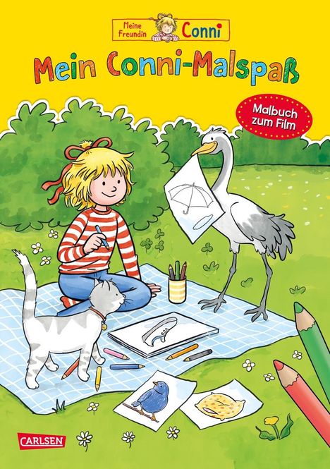 "Mein Conni-Malspaß" steht in bunten Buchstaben. Ein Mädchen mit Streifenpulli malt auf einer Decke im Park.