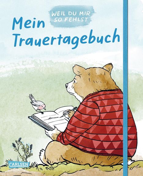 "Mein Trauertagebuch: Weil du mir so fehlst." Illustration: Bär mit Vogel, schreibt in Tagebuch, trägt karierten Pulli.
