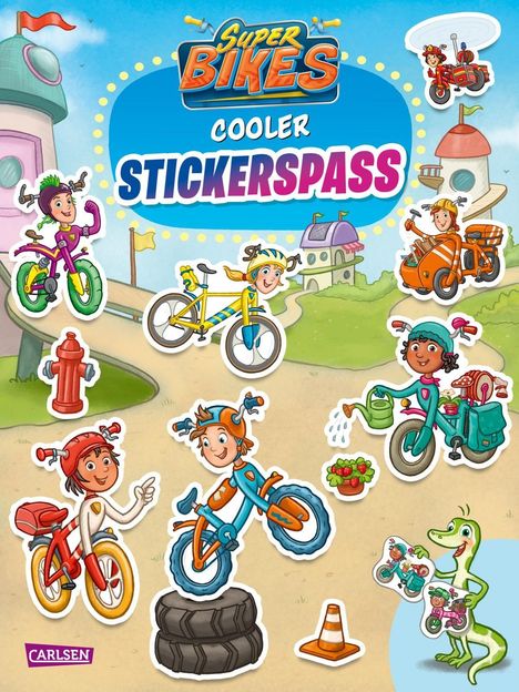 "Super Bikes: Cooler Stickerspaß" steht über farbenfrohen Fahrradszenen mit fröhlichen Kindern und einem grünen Krokodil.