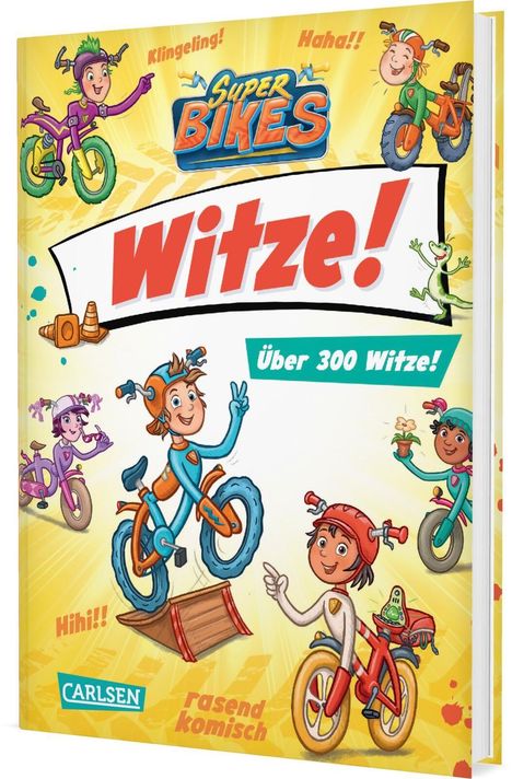 „Witze! Über 300 Witze!“ steht auf einem bunten Kinderbuch mit fröhlichen Fahrradfiguren und Comic-Design.