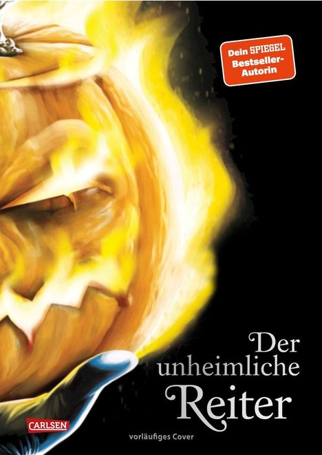 Texte: „Dein SPIEGEL Bestseller-Autorin“, „Der unheimliche Reiter“. Illustration: Flammender Kürbis.