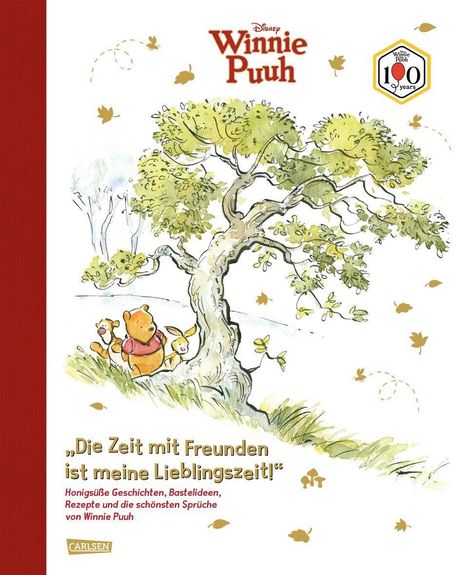 „Die Zeit mit Freunden ist meine Lieblingszeit!“ Illustration von Winnie Puuh und Ferkel unter einem Baum.