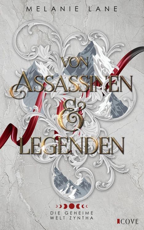 "Von Assassinen & Legenden" von Melanie Lane. Ornamentale Muster, rote Bänder, stilisierte Berge auf grauem Hintergrund.