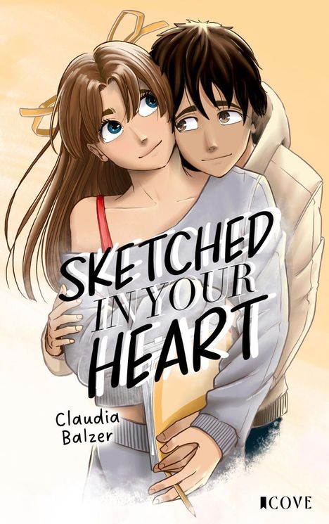 „SKETCHED IN YOUR HEART“, Claudia Balzer. Illustration: Zwei Personen umarmen sich liebevoll, lächeln einander an.