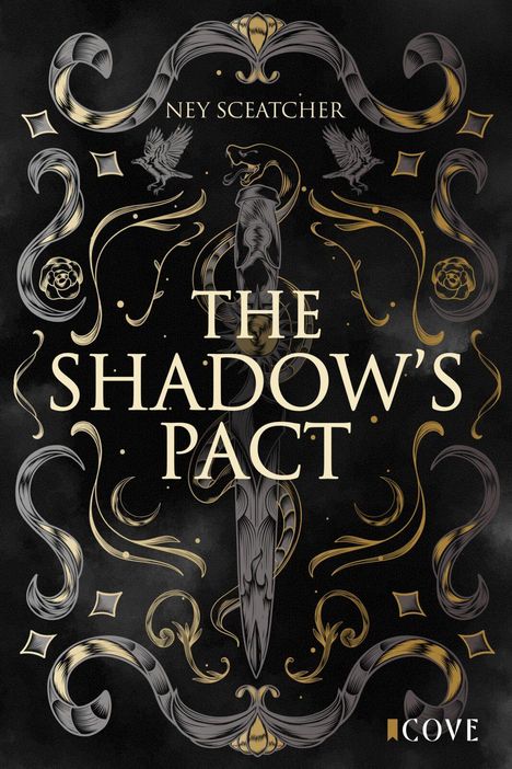 „The Shadow's Pact“ von Ney Scatcherd oben. Ornamentales Design mit stilisierten Ranken, Vögeln und einer Schlange um ein Schwert.