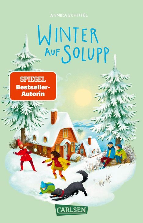 „Winter auf Solupp“ von Annika Scheffel. Illustration: Winterlandschaft mit Kindern, Hund und Häuschen im Schnee.