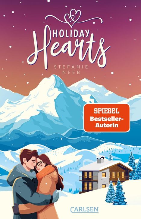 Holiday Hearts: Stefanie Neeb. SPIEGEL Bestseller-Autorin. Illustration von Paar in verschneiter Berglandschaft mit Hütte.