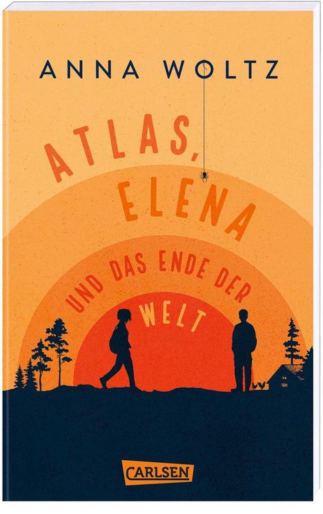 "Atlas, Elena und das Ende der Welt" oben. Silhouetten von zwei Personen, Bäume, Haus, orange-gelbes Design. Carlsen-Logo unten.